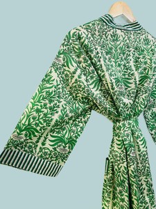 Robe kimono en coton vert imprimée à la main, grande taille, pour femme, peignoir floral léger, vêtement de détente - Product Image 3