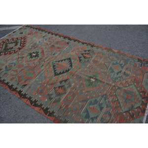 Tapis Kilim turc 5x9,8 pieds vert marron tissage plat laine tapis Latex pour salon couloir Rectangle Patchwork rayé - Product Image 4