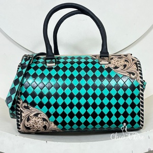 Turquoise & <b>Black</b> Checkered Genuine Leather Western Speedy Duffle <b>Bag</b> Hand Tooled Leather <b>Large</b> Carry On Travel <b>Bag</b> for Women's - Product Image 1