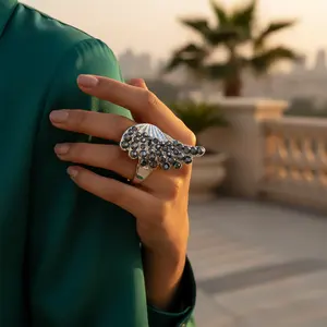 <b>Silver</b> Wing <b>Statement</b> <b>Ring</b> with Black Gemstones for Women Fashionable Solitaire Inlay HipHop Trendy Style - Product Image 1