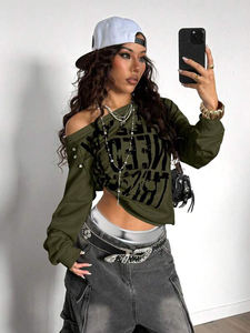 Sudadera Marrón para Mujer, Estilo Jacquard Lavado Ácido, Manga con Tachuelas, Estampado Grunge, Oversize, Felpa de Algodón, Estilo Urbano - Product Image 5