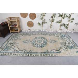 พรมขนแกะวินเทจแบบผสมผสานลายปะต่อสีเบจและน้ำเงินสี่เหลี่ยมขนาด5.3X9.4ฟุตงานแฮนด์เมดทำด้วยมือทำจากยางรองสำหรับห้องนั่งเล่น - Product Image 3