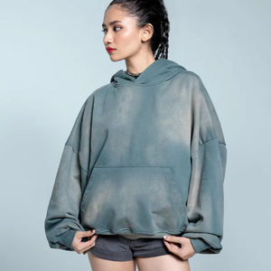 Sweat-shirt d'hiver pour femme à épaules tombantes, coupe décontractée, bleu, anti-froissement, respirant, délavé à l'acide, style streetwear, 100% coton, vente chaude - Product Image 1