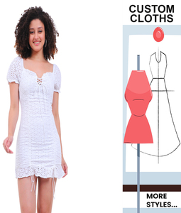 Schiffli เดรสมินิเดรสแขนพองสั้นผูกด้านหน้าคอรูปหัวใจสีขาวลำลอง - Product Image 2