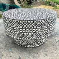 Table basse en os incrusté de style Targua pour salon, meubles en os incrusté faits à la main, table basse ronde, table basse à cocktails