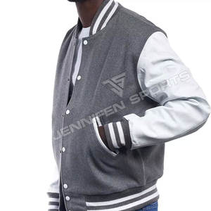 Venta caliente Varsity Jacket Letterman Men's Simple Plain Shell Wool, Mangas de cuero, cierre de botón, forro interior acolchado - Product Image 5