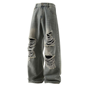 Jeans en denim délavé imprimé, style américain vintage, déchiré, coupe droite, taille mi-haute, couleur claire, pour homme, hip-hop - Product Image 3