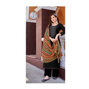 纯人造丝竹节刺绣和钻石作品设计师Bandhej Crush Dupatta Salwar套装由皇家出口