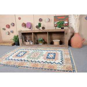 Alfombra Turca Vintage, Alfombra de 4.2x6.3 pies, Alfombra Azul con Diseño de Cuadros - Product Image 2