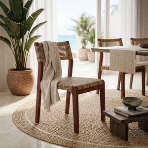 Chaise de salle à manger tressée synthétique avec structure en bois massif, rotin beige, pour extérieur, patio, jardin, sans accoudoirs, design artistique, décoration - Product Image 3
