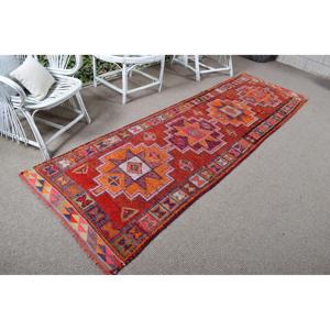 3.1x9.8 ft Turkish Vintage <b>Red</b> <b>Wool</b> Patchwork Rug with Latex Backing Eco-Friendly Bordered Rug - Product Image 1