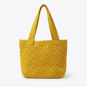 Yellow Crochet Casual Tote Bag With Shoulder Straps Lightweight Open Top For Daily Use Women's <b>Handbag</b> - Product Image 1
