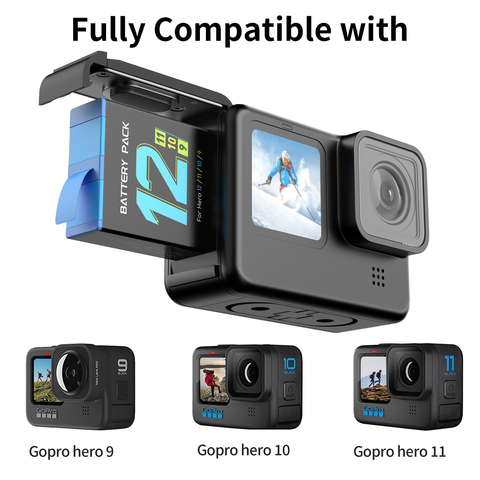 Hongdak New Box with 3ps Fast Charging Battery Kit Set for GoPro Hero 12/11/10/9 Camera for gopro Battery