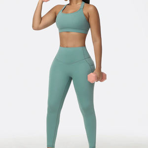 Conjuntos Deportivos Acanalados para Mujer, 2 Piezas, Top Deportivo con Espalda Descubierta y Tirantes, Leggings Sin Costuras, Conjunto Combinado, Ropa de Yoga - Product Image 1