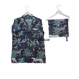 Ensemble de pyjama pour femmes en coton doux imprimé à l'oiseau 100% pur, imprimé numérique, vêtements de nuit d'été, style décontracté pour femmes - Product Image 1