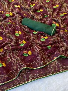ผ้าซารีผู้หญิงเนื้อจอร์เจตต์แท้ พร้อมขอบลูกไม้กอตต้าลายฉลุทั่วทั้งผืน ผลิตในอินเดีย - Product Image 4