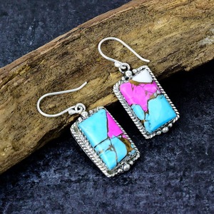 Cotton Candy Dahlia Turquoise Gemstone Handmade 925 <b>Solid</b> Sterling <b>Silver</b> <b>Earrings</b> Dangle With 925 Stamp <b>Earring</b> <b>Silver</b> Jewelry - Product Image 2