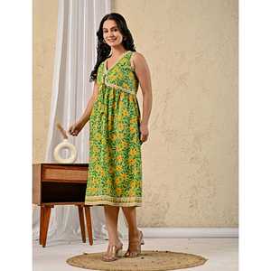 Vestido de Algodón Mulmul con Estampado Jaal Verde, Diseño ODM Personalizado, Casual y Elegante, Transpirable, Cintura Imperio, Tallas XS a 5XL, para el Día o para Salir de Noche - Product Image 5