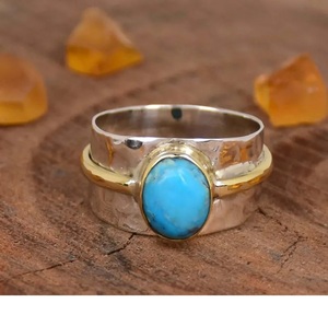 Mohave <b>Turquoise</b> <b>Ring</b> 925 Sterling Silver Handmade Oval Gemstone Wide Two Tone Hammered Statement <b>Ring</b> for Women - Product Image 1