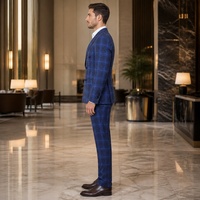 Costume Homme Bleu Royal à Carreaux Fenêtres, Double Boutonnage, Six Boutons, Revers Pointus, Poches à Rabat, Costumes d'Affaires et de Soirée pour Homme, Sur Mesure (MTM)