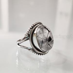 Anillo de Plata de Ley 925 para Mujer con Gema de Rutilo Negro Natural, Piedra de Nacimiento de Abril, Estilo Bohemio, Joyería Hecha a Mano para Navidad - Product Image 3