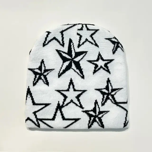 Gorro con diseño de estrella Jacquard personalizado unisex, gorro de acrílico con logotipo de escena de playa de invierno, gorro de algodón cálido de fácil uso a la moda, tamaño gratis - Product Image 6