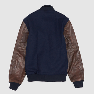 Veste universitaire unisexe bleu marine avec manches en cuir marron, doublure matelassée, boutons-pression, style bomber décontracté, streetwear tendance - Product Image 6