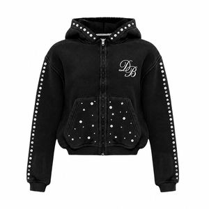 Unisex Black Washed Rhinestone Hooded Zip-Up Sweatshirt, Stylish Casual Y2K Cropped Hoodie <b>Jacket</b> with <b>Sparkling</b> Stud Details - Product Image 1