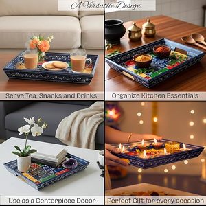 Plateau de service élégant rectangulaire en bois imprimé avec des œuvres d'art traditionnelles indiennes pour la salle à manger à un prix abordable - Product Image 3