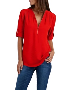 Camisa Holgada Fresca de Verano para Mujer, Cuello en V Profundo, Gasa, Blusa Informal para Mujer, Sexy, con Cierre, Talla Grande, Manga Larga, a la Moda - Product Image 1