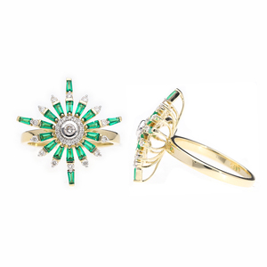 Bague Starburst en or 14K avec saphirs bleus baguette 0.26CTW et diamants naturels Centre de la lunette rayonnante Sunburst Design - Product Image 5