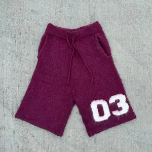 Custom Logo Loose Knit Shorts Pants Below Knee Bermuda Fuzzy Screen Print Knitted Streetwear Fluffy Mohair Shorts For Men