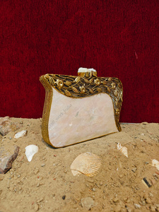Handcrafted Mother of <b>Pearl</b> <b>Clutch</b> with Gold Floral Vine Metal Overlay Luxury Evening <b>Bag</b> Bridal Wedding Statement Purse - Product Image 2