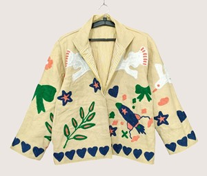 Bohemian Embroidered Wool Blends Eco-Friendly Suzani <b>Jacket</b> Hand Drawn Birds <b>Stars</b> Hearts Full Sleeve O-Neck Casual Winter - Product Image 1