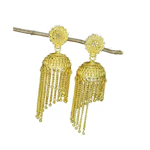 הודי מצופה זהב jhumka ג 'הומקי שכבות שוליים עגיל שרשרת תכשיטים עגילי שרשרת תכשיטים בצבע מוצק דובאי טורקית בוליווד