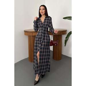 Robe midi plissée à carreaux en coton tissé 100% bleu marine pour l'automne - Taille naturelle - Product Image 1