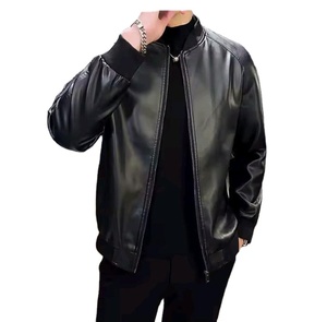 Chaqueta bomber informal estilo coreano, corte bomber, tela de lona con aspecto de cuero, cuello alto, diseño moderno y holgado. - Product Image 1