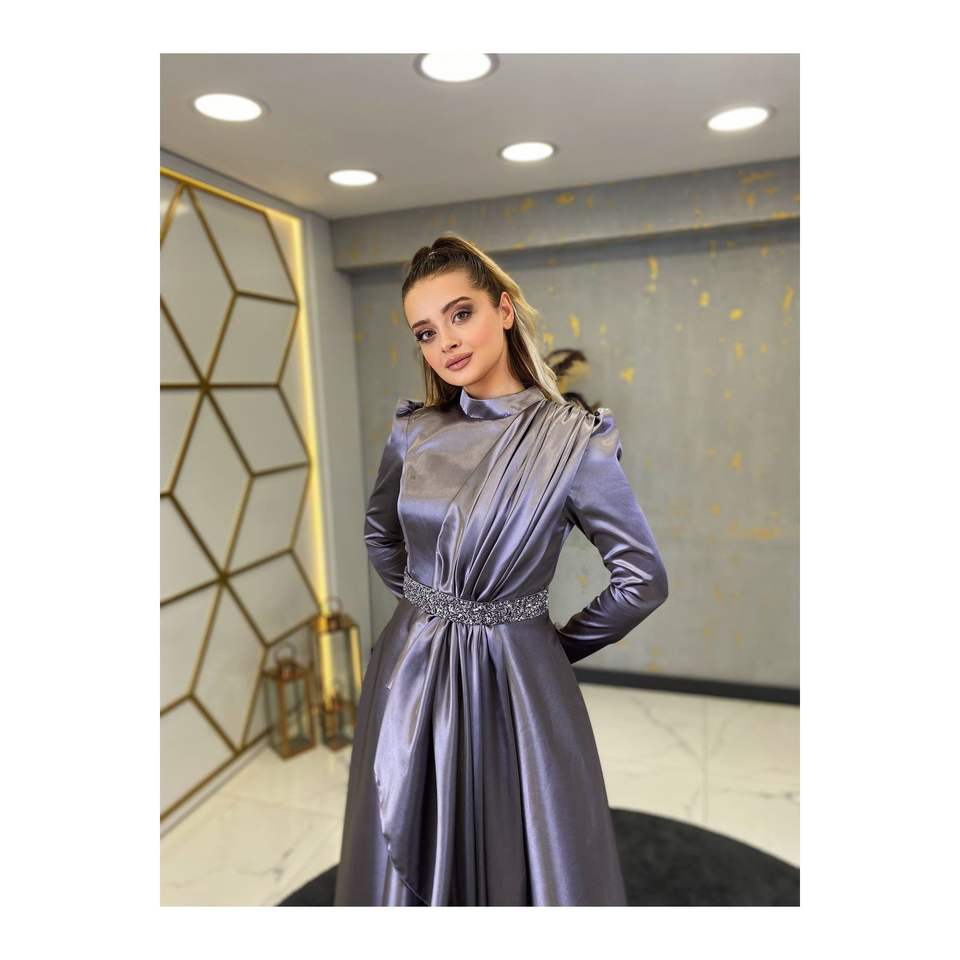 Satin Stone Belted Evening Dress
