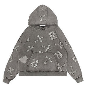 Custom Angustia Parche bordado Sharp Hood Sudadera con capucha Rhinestone Acid Washed Color Hoodie Full Rhinestones Hoodie - Product Image 1