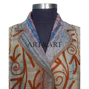 Veste matelassée Kantha pour femmes d'hiver, longueur moyenne, imprimé floqué, broderie, tissu en coton doux, fabrication artisanale, cousue à la main, écologique - Product Image 4