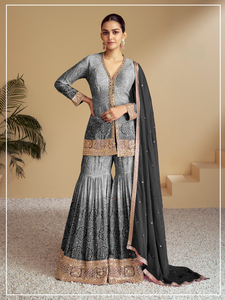Salwar Kameez prêt-à-porter en soie chinon lourde, imprimé numérique, broderie, style pakistanais, multi-paillettes, pour femmes adultes, style indien - Product Image 5