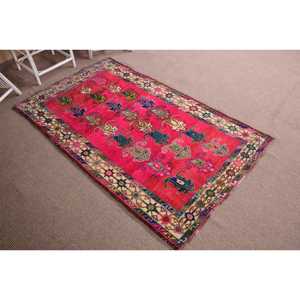 Vintage Turkish Rug 4.2x7 ft, <b>Red</b> Area Striped <b>Wool</b> Rug - Product Image 3