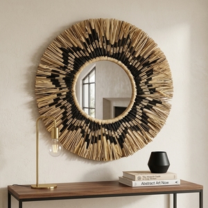 Miroir mural en macramé naturel Mendong, noir, motif aztèque, franges, soleil, rond, suspendu, pour vanité, décoration artistique pure, artisanat, pour la décoration de chambre - Product Image 6