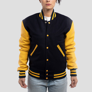 Chaqueta universitaria azul marino y amarilla chaqueta universitaria de bombardero de béisbol con letras unisex personalizada con mangas de cuero PU OEM - Product Image 1