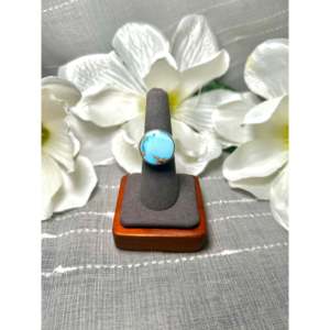 Carlos Francisco Golden Hill <b>Turquoise</b> & Platinum <b>Ring</b> Dainty Style with Smooth Cut Bezel Setting Size 7 for Everyday Wear Gift - Product Image 1