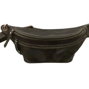 Wholesale Large Olive Genuine Leather Unisex Hip Bag with Zipper Pockets Fanny Pack Ideal for Trekking and Casual Outing
