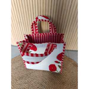 <b>Red</b> Poppy Handblock Tote Mini <b>Bag</b> Custom Design PU Open Closure Water Resistant Embroidery Letter Decoration Solid Color for All - Product Image 4