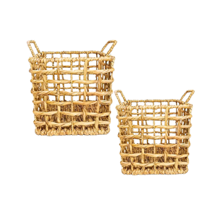 Panier de rangement rond en bambou rotin jonc de mer avec doublure en coton et poignées Organisateur de rangement rond polyvalent - Product Image 1