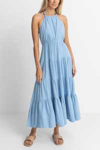เดรสแมกซี่ยาวและทรงหลวมสไตล์โบฮีเมียนชุดชายหาดเปลือยหลังสีฟ้าฟ้า - Product Image 4