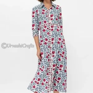 Bán buôn phụ nữ quần áo Áo Sơ Mi Váy maxi cotton voile tay block-in với sơn vàng chi tiết nút 3/4 chiều dài tay áo